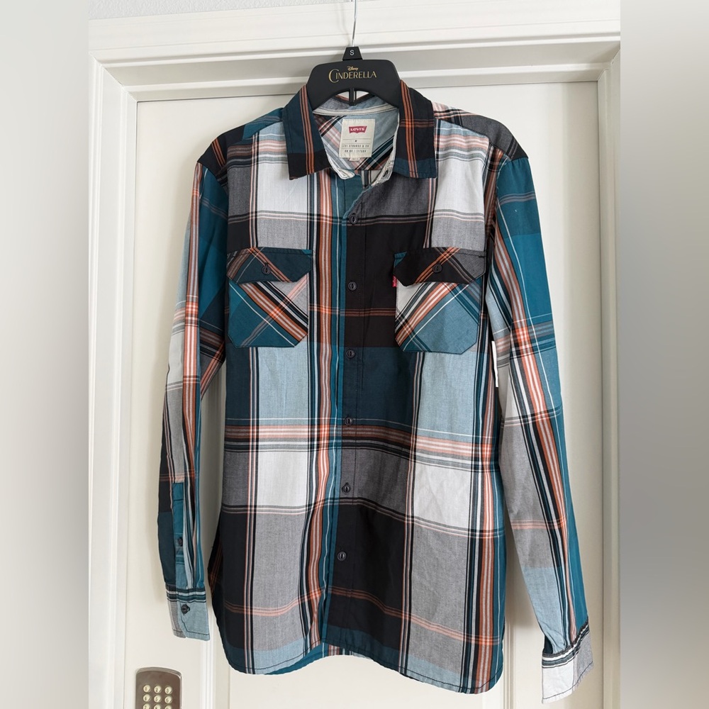 Levi's Men’s Teal Black White and Orange Plaid Button-Up Shirt